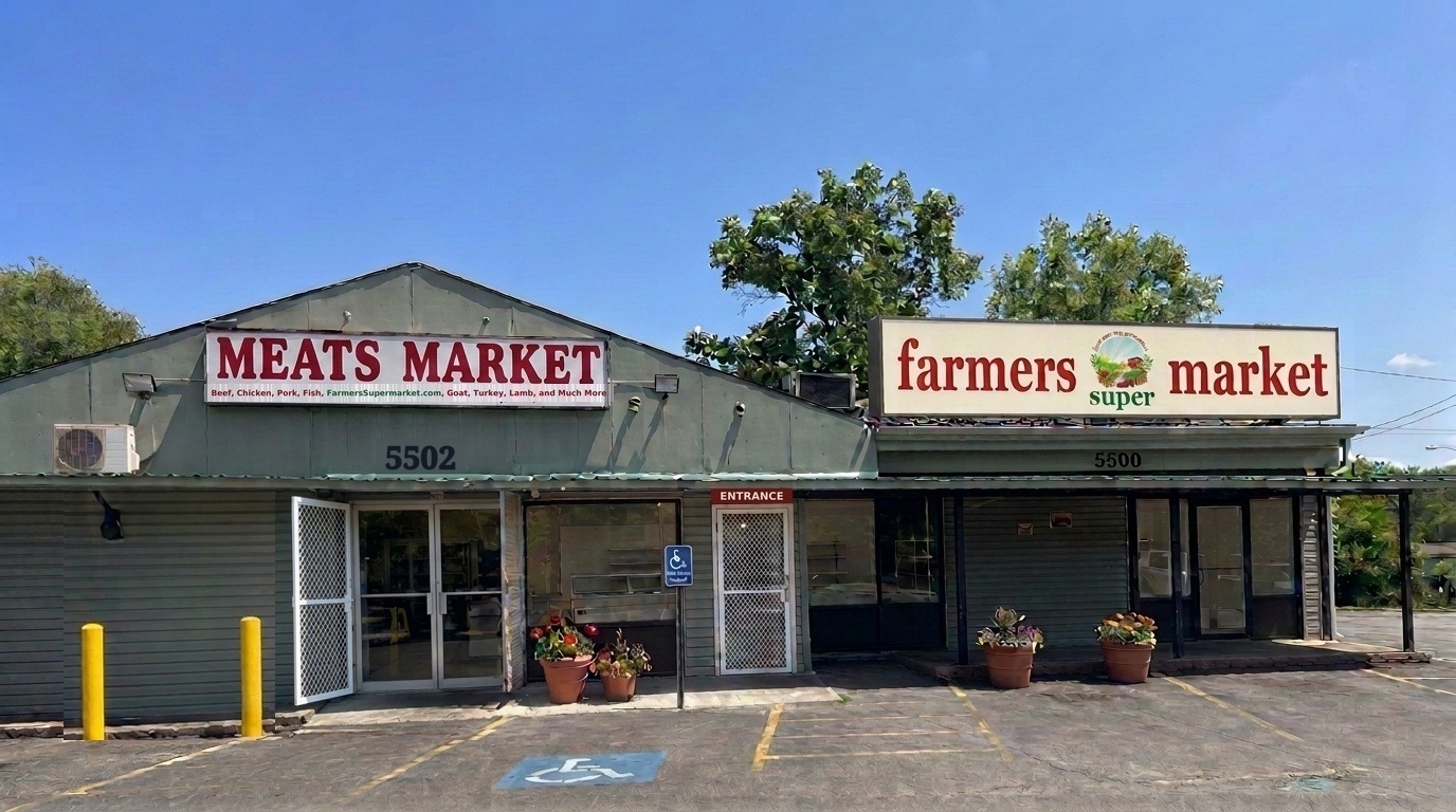 Front of the Farmers Supermarket store on Landover Road, with the Meats Market sign above the entrance